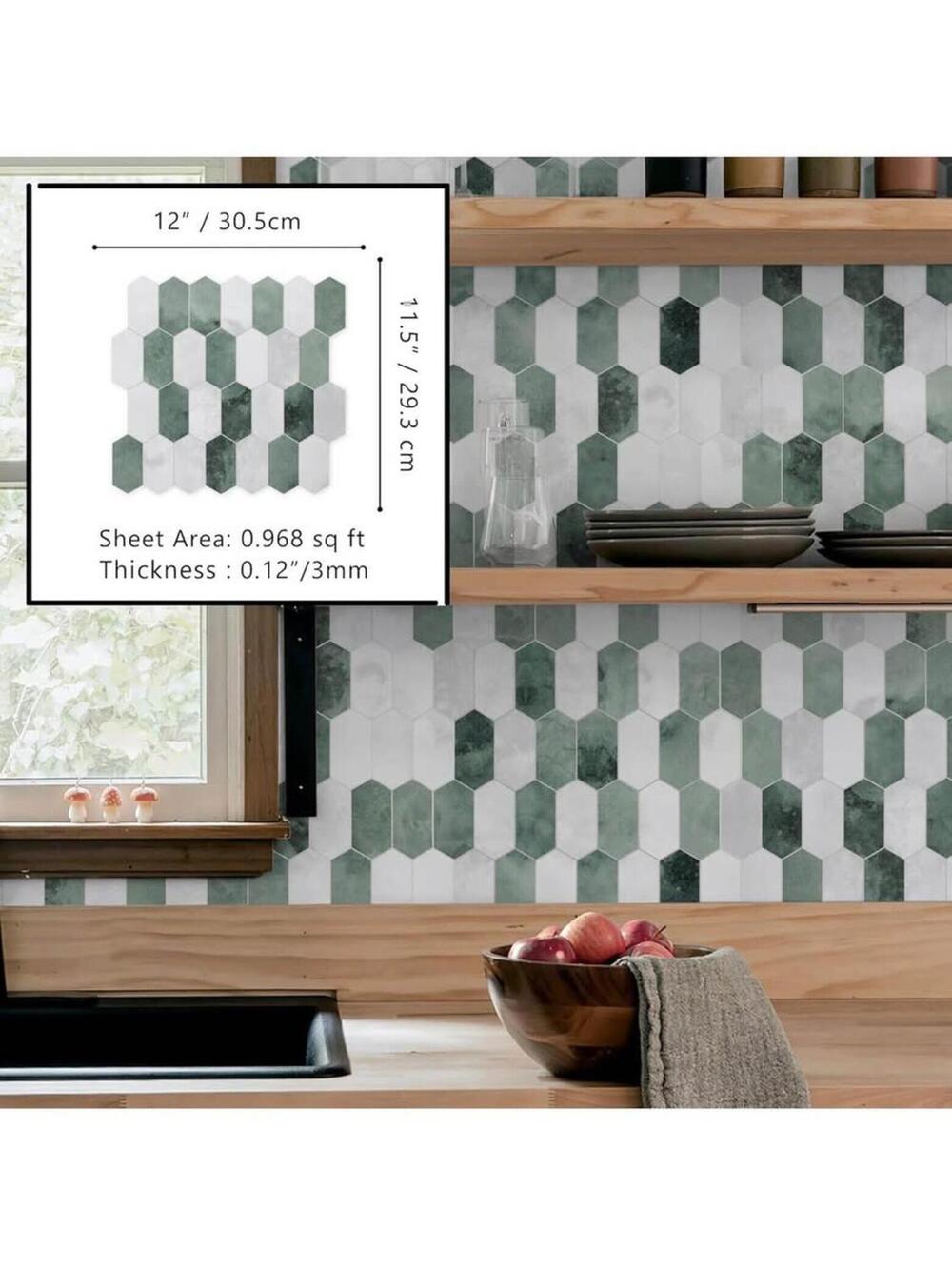 Green Hexagon Peel and Stick Backsplash Tiles - 10 Sheets - New in Box! - Picture 4 of 9
